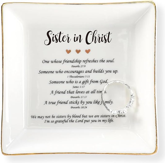 HOME SMILE Mother's Day Gifts for Sister in Christ,Ceramic Ring Jewelry Dish Tray Plate for Birthday Graduation Christmas Wedding,We May Not Be Sisters by Blood But We are Sisters in Christ