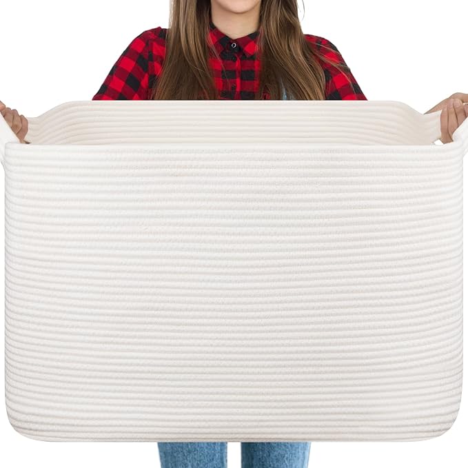 118L Extra Large Blanket Basket, 24.8"x17.7"x16.2" Woven Rope Baskets for Storage, Nursery Blanket Storage for Living Room, Toy Basket with Handle Organizing Comforter Cushions Pillows, White