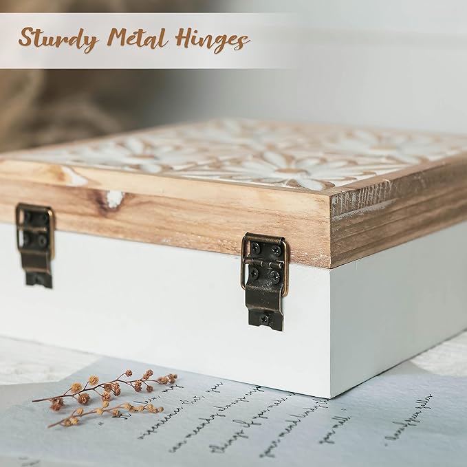 Small Decorative Box with Lid Wooden Keepsake Storage Box Carved Flower Handmade Jewelry Box Rustic Trinket Box Table Organizer - 7.1 x 7.1 x 3.2 Inches