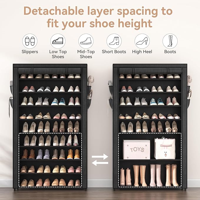Shoe Rack with Covers - 10 Tiers Tall Shoe Rack Organizer Large Capacity Shoe Shelf Storage 40 Pairs Space Saving Vertical Shoe Storage Organizer for Closet, Entryway, Dorm, Bedroom