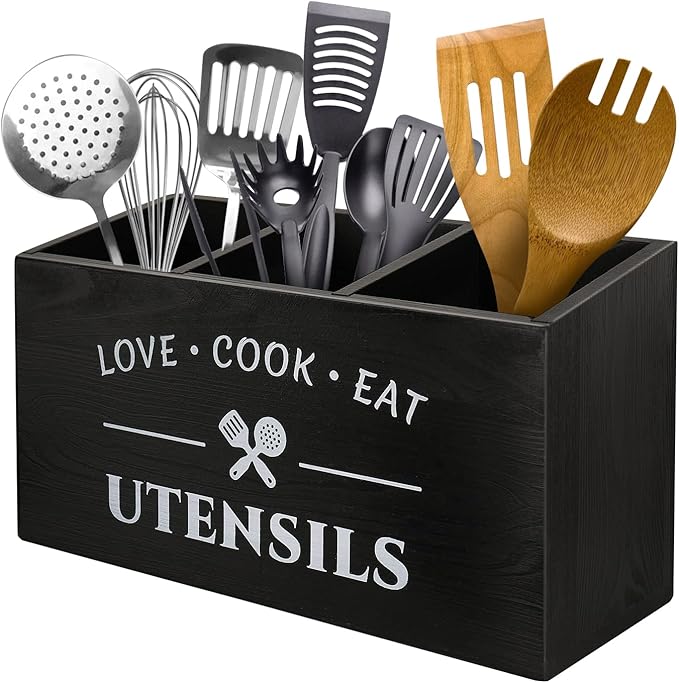Kitchen Utensil Holder with 3 Compartments, Rustic Wooden Storage Organizer Box Vintage Cutlery Farmhouse Flatware Utensil Caddy Countertop for Silverware Fork Spoon Spatula
