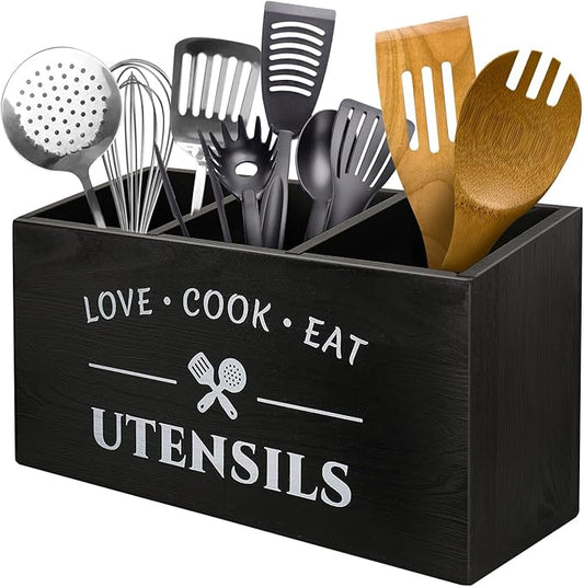 Kitchen Utensil Holder with 3 Compartments, Rustic Wooden Storage Organizer Box Vintage Cutlery Farmhouse Flatware Utensil Caddy Countertop for Silverware Fork Spoon Spatula
