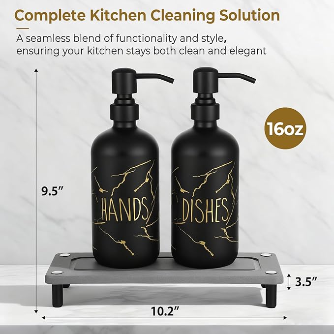 Kitchen Soap Dispenser Set, 16oz Hand and Dish Soap Dispenser Set with 2 Instant Dry Trays, Stainless Steel Pump, Refillable Glass Bottle for Kitchen and Bathroom Countertop (Black)