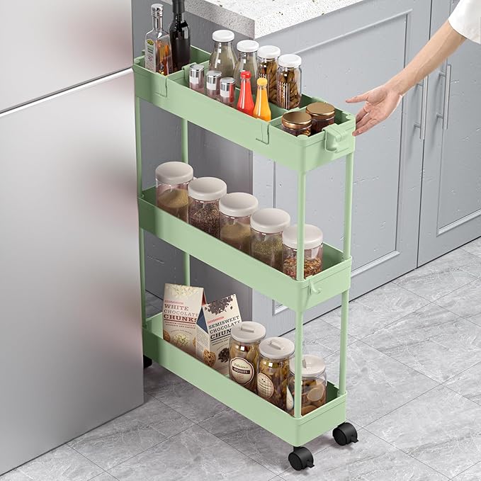 SPACELEAD Slim Storage Cart 3 Tier,Bathroom Organizer Rolling Utility,Mobile Shelving Unit Slide Out for Office, Kitchen, Laundry Room & Narrow Placesï¼Green