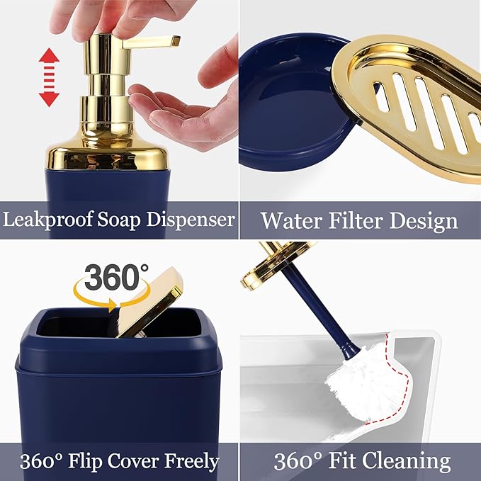 Bathroom Set - Blue and Gold Bathroom Accessories, Bathroom Sets with Shower Curtain and Rugs, Navy Blue Shower Curtain Set with Bathroom Trash Can, Soap Dispenser, Soap Dish for Home Decor