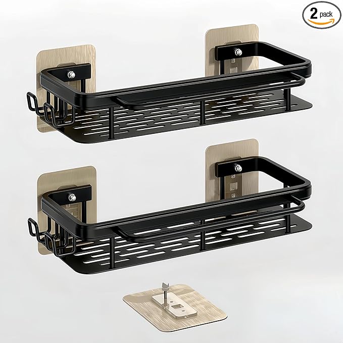 2-Pack Adhesive Shower Caddy – Rustproof Aluminum Black Shower Shelves with Towel Bars & Hooks, No Drill Bathroom Organizers and Storage, Anti-Tip Shower Organizer for Inside Shower
