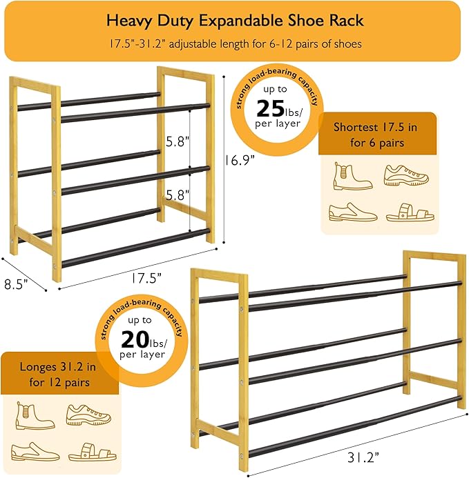 Expandable Shoe Rack for Closet,3 Tier Metal Shoes Shelf Organizer for Dorm,6-12 Pairs Small Standing Shoe Rack for Narrow Spaces,Entryway