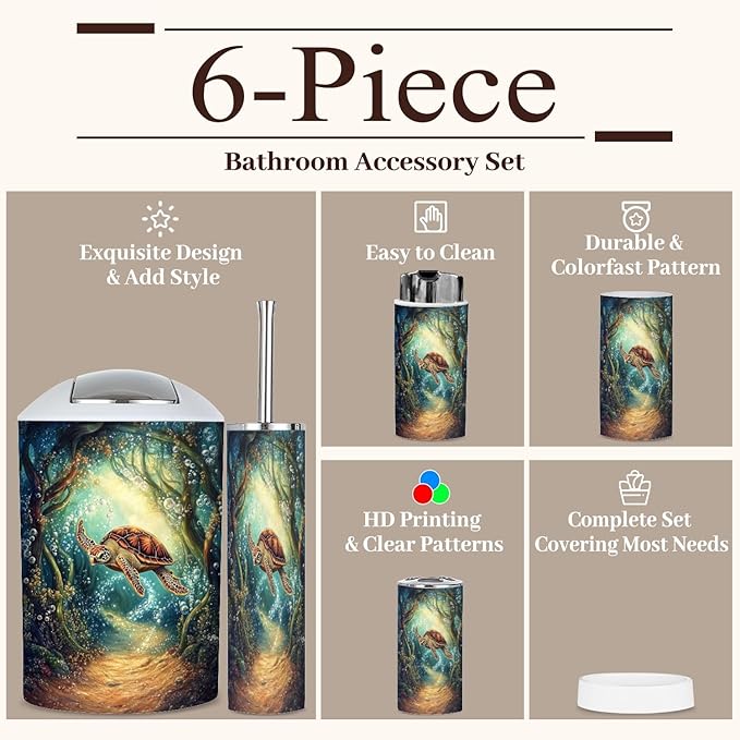 6 Piece Bathroom Accessories Set Turtle s Kelp Bubbles Wonder Trash can Toilet Brush Holder Toothbrush Holder Toothbrush Cup Soap Dispenser Soap Dish for Home