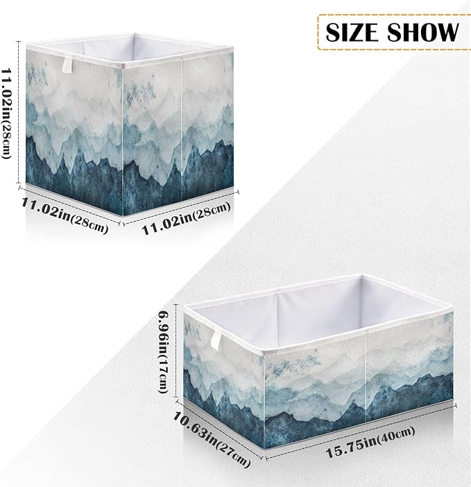 Blueangle Blue Watercolor Mountains Cube Storage Bin, 11 x 11 x 11 in, Large Collapsible Organizer Storage Basket for Home Décor