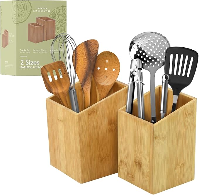 IMPRESA Wooden Kitchen Utensil Holder Set - Slanted Access Design & Silverware Organizer - Stylish Display & Countertop Organizer for Kitchen Organization - Natural Unfinished, Pack of 2