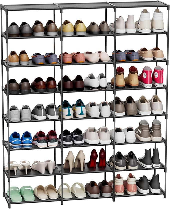 Large Shoe Rack Shoe Storage Organizer for Entryway Heavy Duty Free Standing Shelves Space Saving for Sneakers Hallway Garage Organization (3 Row 8 Tier)