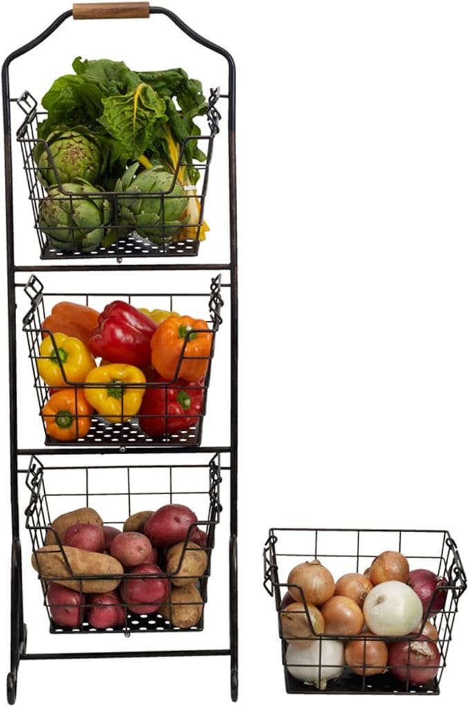 Gourmet Basics by Mikasa Ferme Adjustable 2, 3 or 4 Tier Metal Floor Standing Market Basket for Fruit & Home Storage, Antique Black