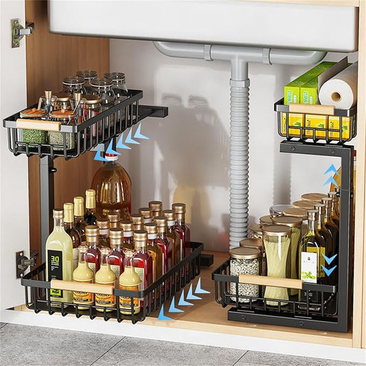 2 Pack Under Sink Organizer Cabinet for Kitchen Bathroom, 2 Tier Metal Slide Out Under Sink Drawers, Adjustable Height, Under Sink Pull Out Organizers and Storage, Black, 13.7" H-17 H