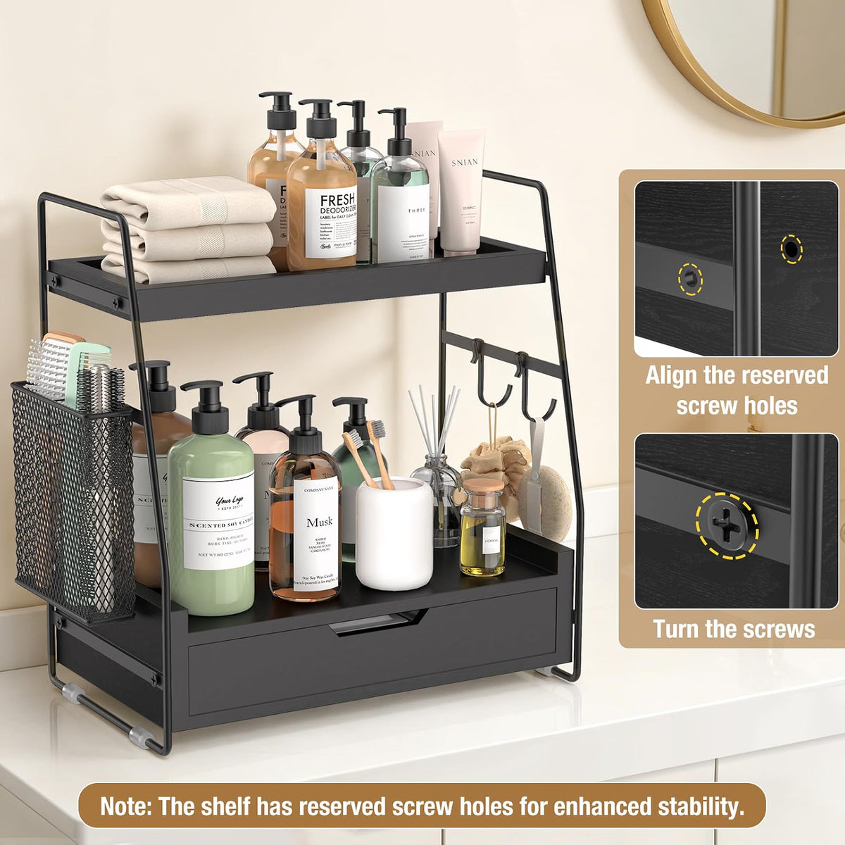 2-Tier Bathroom Counter Organizer with Drawer, Wood Counter Storage Shelf