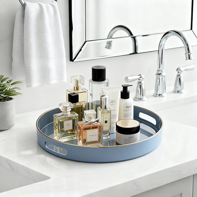 Zosenley Decorative Tray, Round Plastic Tray with Handles, Modern Vanity Tray and Serving Tray for Ottoman, Coffee Table, Kitchen and Bathroom, Size 13â (Gray)