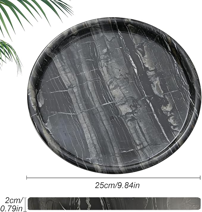 Natural Marble Tray, Round Black Tray for Bedroom/Bathroom/Kitchen/Vanity Countertop, Jewelry Tray for Rings Earrings Necklace Bracelet Watch, Room Decor Aesthetic