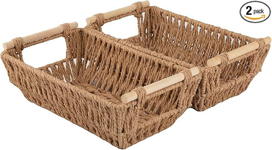 OIAHOMY Small Storage Baskets, Paper Rope Wicker Organizers with Wooden Handles, Baskets for Organizing, 2-Pack, Yellow