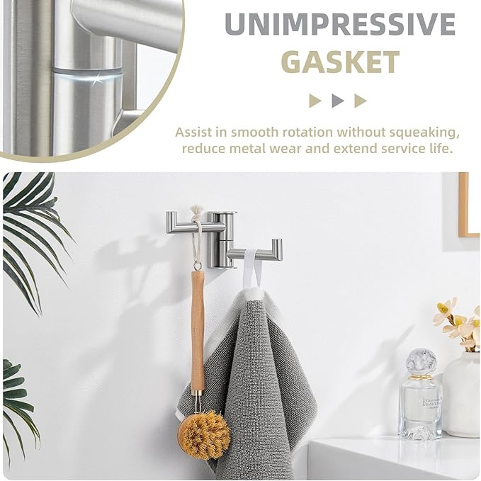 Suyar Double Towel Hook Brushed Nickel, SUS304 Stainless Steel Bathroom Robe Holder, Coat Hook with 2 Rotatable Arms, Wall Mounted
