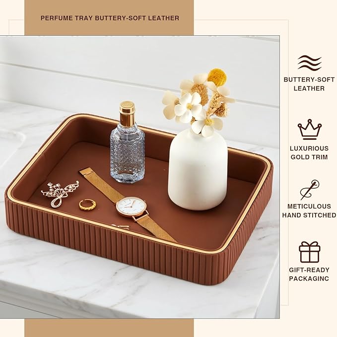 PU Leather Valet Tray 11 x 8 x 1.75 Inch Desktop Storage Organizer Catchall Bedside Table Tray Nightstand Caddy Holder for Men Women Gift for Key Bowl Wallet Phone Coin Vanity Perfume