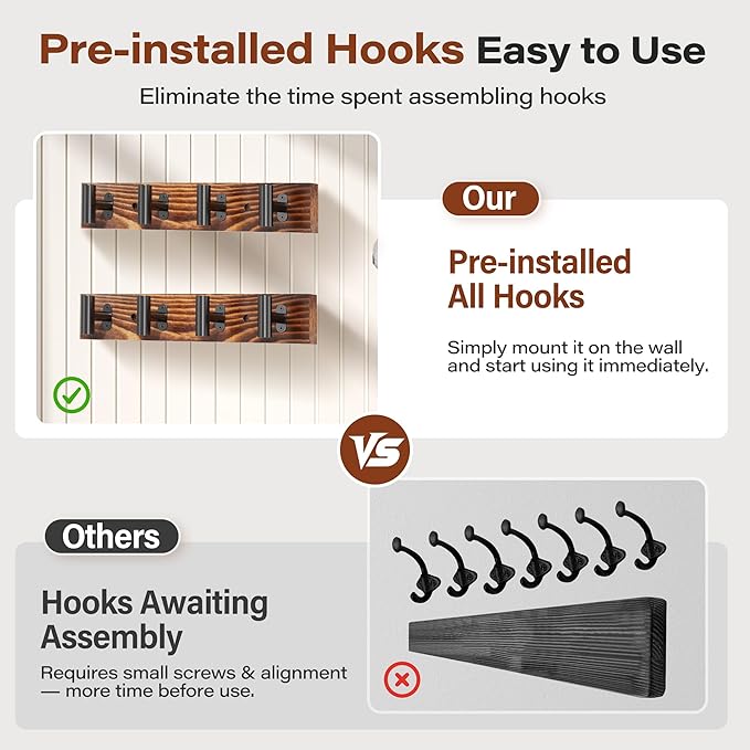 4 Pack Coat Rack Wall Mount, Rustic Coat Hooks Wall Mounted with 16 Black Metal Heavy Duty T Shaped Hooks, Pine Soild Wood Large Coat Hanger for Entryway, Living Room, Bathroom
