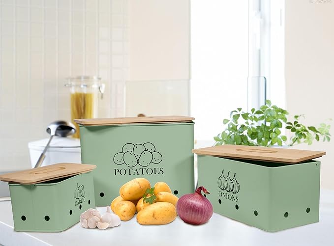 Kitchen Vegetable Storage Tins Set of 3 for Potato Onion & Garlic with Wooden Lid, Kitchen Storage Canisters Set, Long Shelf Life - Green