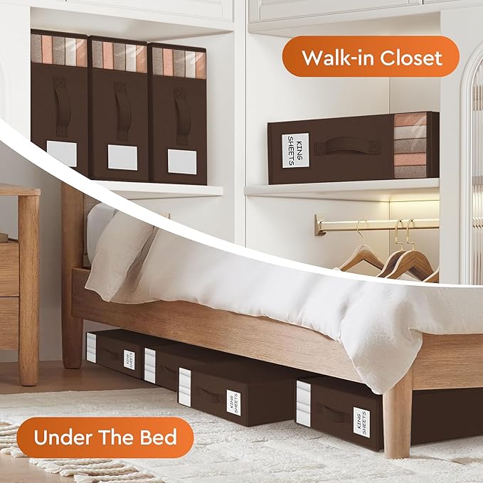 6 Pack Bed Sheet Closet Organizers and Storage,Sturdy Foldable Storage Containers with Window and Label,Storage and Organization for Bedding Sheets,Duvet Covers,Blankets (Brown)
