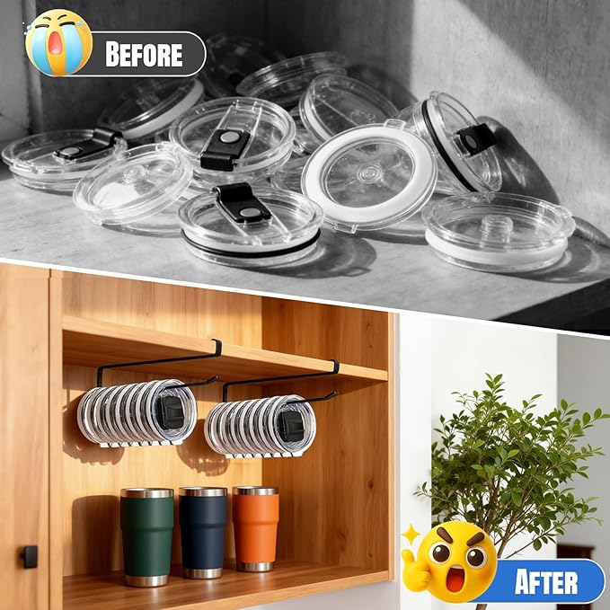 1 Pack Tumbler Lid Organizer, Versatile Cup & Water Bottle Lid Holder, Upgraded Kitchen Space Saver & Under Cabinet Storage, No Adhesive or Drilling Needed, Multi-Use Tumbler Lid Holder, Black