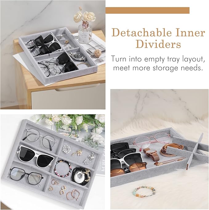 Emibele Bracelets Organizer Jewelry Tray, 12 Grids Velvet Tray Storage for Watches Rings Earrings, Stackable Jewelry Drawer Organizer Showcase Display Trays with Detachable Inner Dividers, Grey