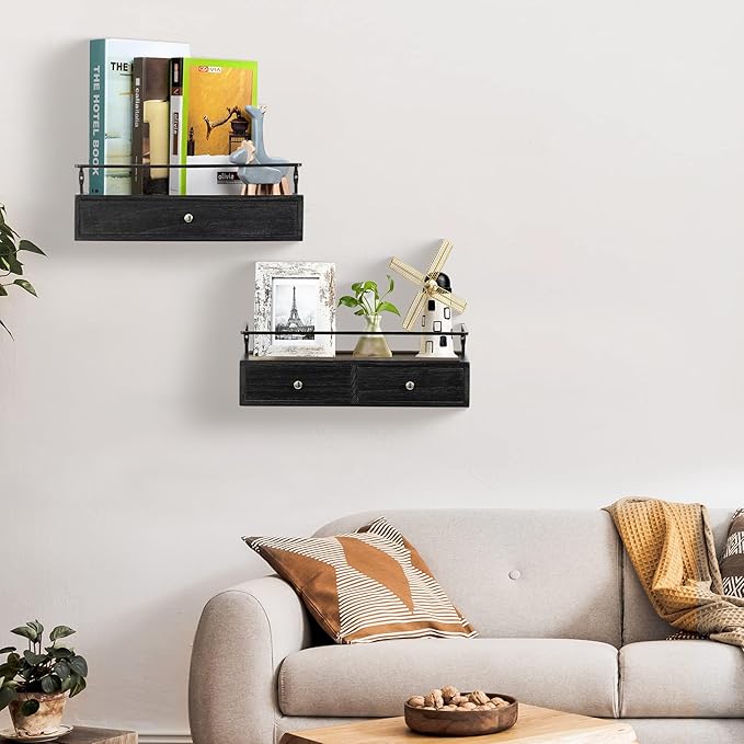 Floating Shelves - Wall Mounted Bathroom Shelf Set of 2 with Drawers, Rustic Wood Shelves for Bedroom, Living Room, Kitchen, Home Decor, Plants, Books (Black)