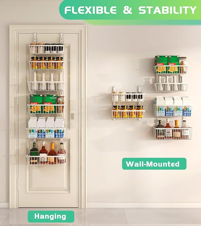 12 Inch Wide Narrow Over The Door Pantry Organizer, Pantry Organization and Storage, 6-Tier Metal Hanging Deep Basket Wall Spice Rack Seasoning Shelves, Home & Kitchen Essentials, White