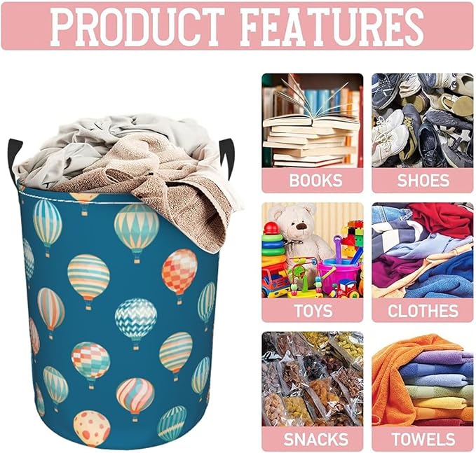 Cute Hot Air Balloons Round Laundry Hamper Storage Basket Toys Clothes Organizer Bin For Home Bathroom Bedroom Dorm Nursery, 38l