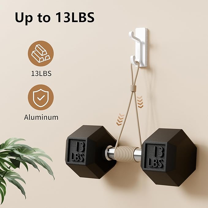 White Self Adhesive Wall Hooks - 4 Pack Sticky Hangers Wall Mount, Holds 13Lbs for Clothes, Towel, Robes, Keys, Double Hooks for Bathroom, Bedroom and Door.