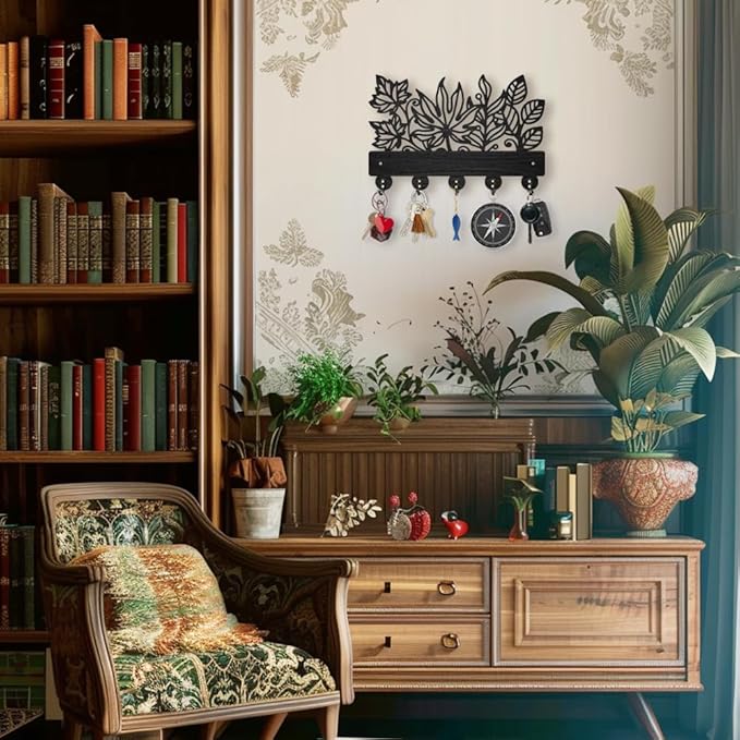 MAYJOYDIY Leaves Coat Rack Wall Mount 11.8×7.9inch Wood Leaves Plants Wall Art Decor Nature Tree Key Holder for Wall 5 Alloy Hooks Black Hook Rack Hat All Hook for Entryway Living Room Bedroom Gift