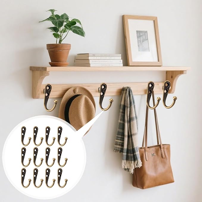 12 Pack Bronze Coat Hooks Wall Mounted, Rustproof Zinc Alloy Metal Hooks for Hanging Coats, Heavy Duty Utility Key Holder Hooks with Screws for Bathroom, Entryway, Kitchen, Hat, Towel, Cup, Robe