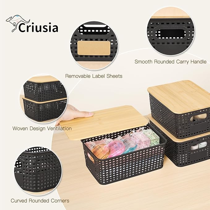 Criusia 6 Pack Plastic Storage Baskets With Bamboo Lid, Stackable Storage Baskets for Organizing Desktop Closet Shelves Drawers Pantry Organization Office Playroom Classroom (Black)