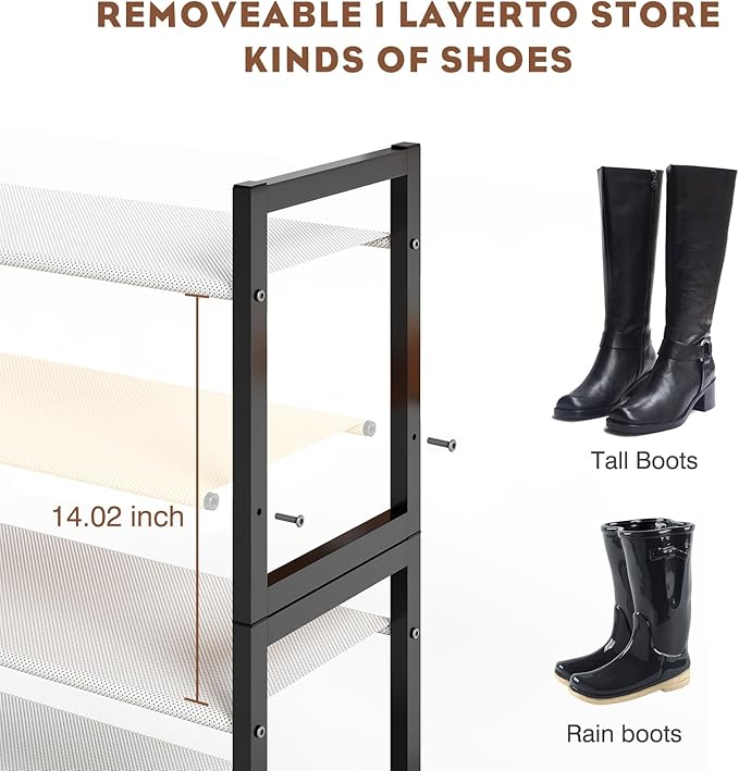 8-Tier Tall Shoe Rack, Stackable Zero-Wobble Metal Frame with Screw-Fastened Joints, 11.8" Deep Heel-Friendly Non-Woven Shelves, Space-Saving Shoe Tower for Closet Entryway Bedroom