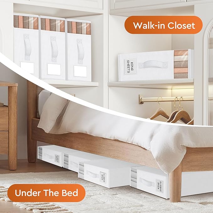 6 Pack Bed Sheet Closet Organizers and Storage,Sturdy Foldable Storage Containers with Window and Label,Storage and Organization for Bedding Sheets,Duvet Covers,Blankets (White)