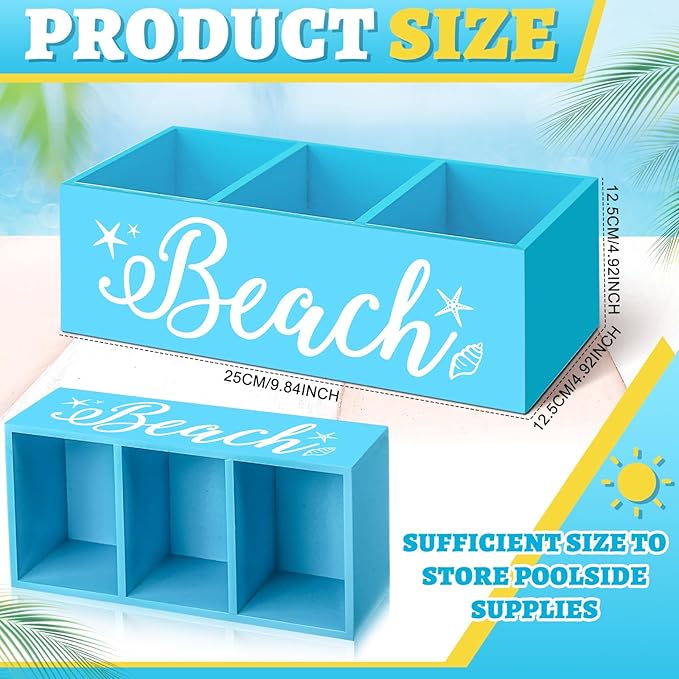 Beach Storage Basket Blue Summer Beach Wooden Box with 3 Compartments Toilet Tank Tray for Indoor Outdoor Swimming Pool Decor Sunblock Sunglasses Pool Toy Storage Box