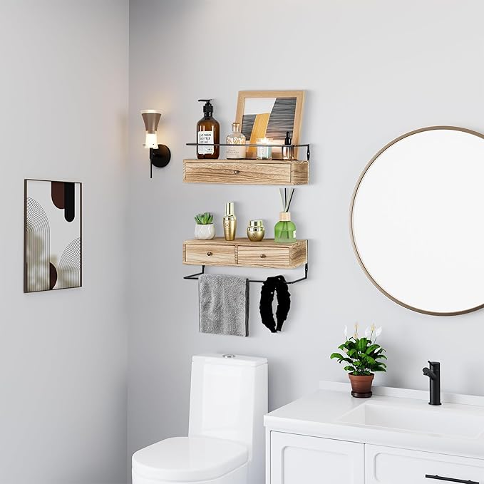 Floating Shelves - Wall Mounted Bathroom Shelf Set of 2 with Drawers, Rustic Wood Shelves for Bedroom, Living Room, Kitchen, Wall Decor, Plants, Books (Brown)