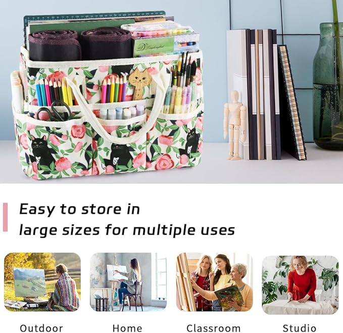 E-WEICHEN Craft Organizer Tote Bag Art Storage Caddy with Multiple Pockets Containers for Art,Craft,and Office Supplies Storage.Rose Cat