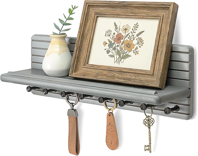 Rebee Vision Pine Wood Key Holder Wall Mount with Shelf for Coats & Bags – Wooden Key Holder for Wall – Rustic Farmhouse Decor for Entryway, Living Room, Kitchen & Office Organization (Old Gray)