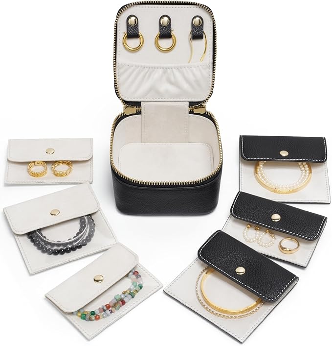 Popvibe Travel Jewelry Box Organizer Small Jewelry Case with 6 Jewelry Bags Mini Pouch, Portable Traveling Jewelry Case for Women, Black Leather Compact Jewelry Travel Necklace Case Holder