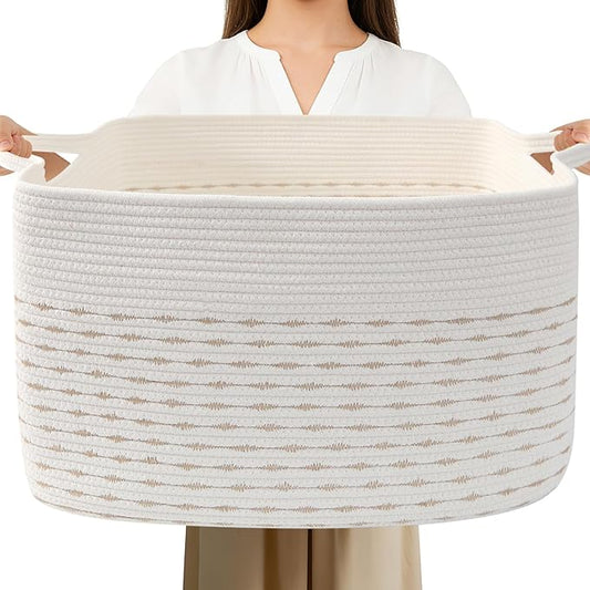 Magazine & Newspaper Baskets,Large Woven Rope Blanket Basket,24"x16"x15"Storage Bin with Handle,Toys Storage,Laundry Basket for Home Organization/Living Room/Nursery/Bedroom,White&Yellow
