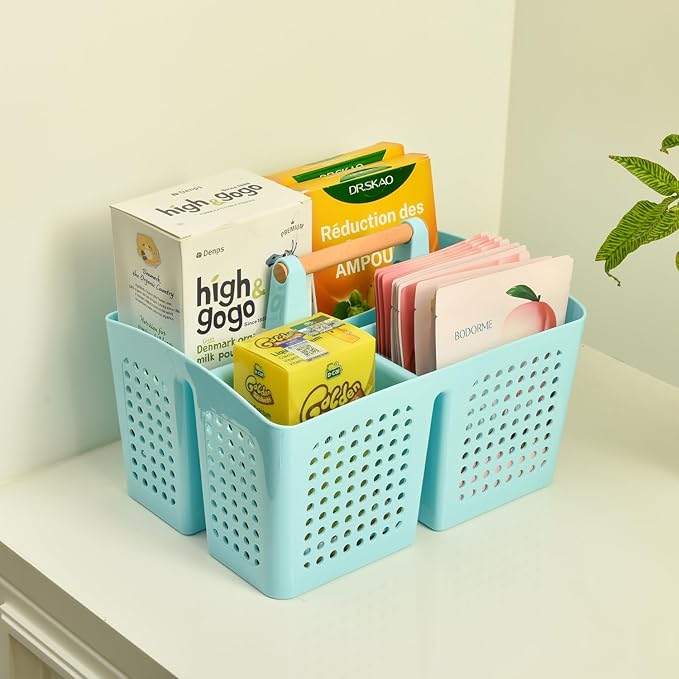 Portable Shower Caddy Basket with Compartments, Plastic Divided Cleaning Caddy Organizer Storage Tote with Handle for Bathroom, College, Dorm Room Essentials, Green