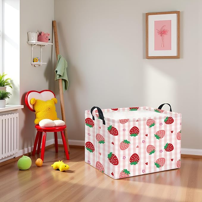 Rectangular Kids Storage Basket Boys for Home Kitchen Girls Cute Storage Bin Organizer Shelf Book Room Decor(Stawberry)