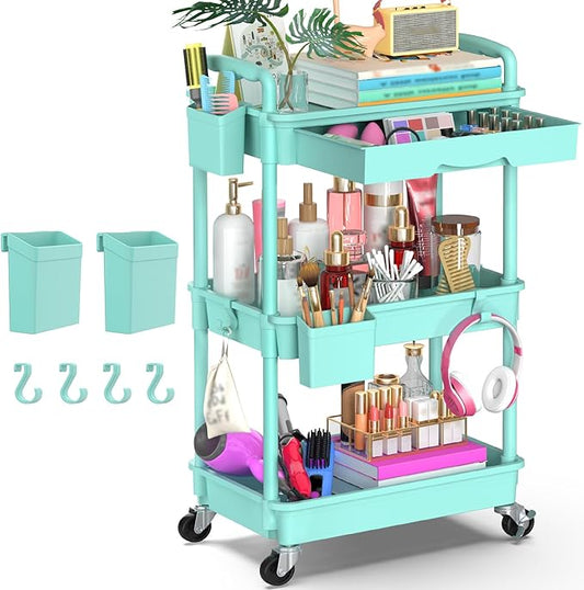 Goovilla 3 Tier Rolling Utility Cart Organizer with Removable Drawer, Stable and Sturdy Blue Rolling Storage Carts with 2 Lockable Wheels for Bathroom, Kitchen, Snack, Craft, Makeup, Baby Essentials