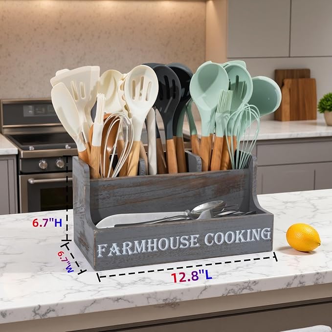 Kitchen Utensil Holder, Utensil Holder For Kitchen Counter,Extra Large Cooking Spatula Organizer,Farmhouse Wooden Big Storage Rustic Flatware Spoon Tool Organizer