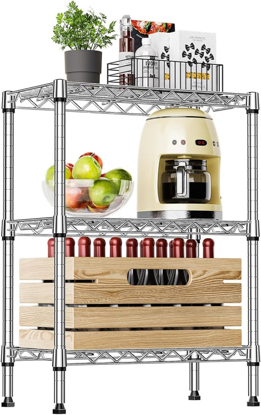 IZEUK 3-Tier Steel Storage Shelves, Heavy Duty Metal Shelf Wire Shelving Rack for Pantry, Kitchen, Living Room, or Office Organization (21.7" W x 11.8" D x 28.6" H, 750LBS, Chrome)
