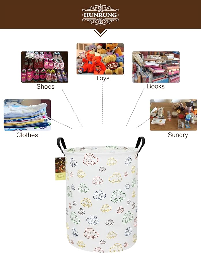 HUNRUNG Laundry Hamper,Large Canvas Fabric Lightweight Storage Basket Toy Organizer Dirty Clothes Collapsible Waterproof for College Dormsï¼Round-Carï¼