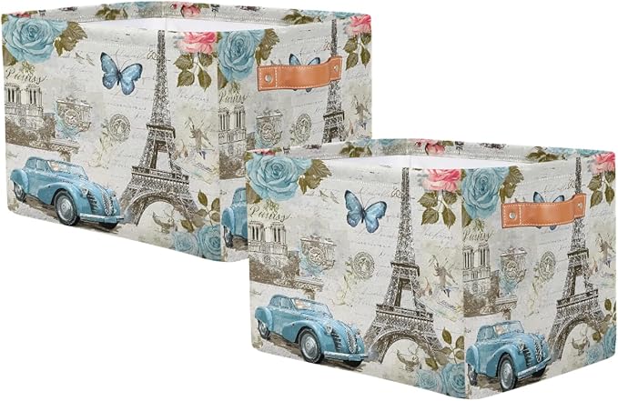 AUUXVA Storage Basket Vintage Paris Eiffel Tower Rose Flower Old Car Storage Cube Box Durable Canvas Collapsible Toy Basket Organizer Bin with Handles for Shelf Closet Bedroom Home Office